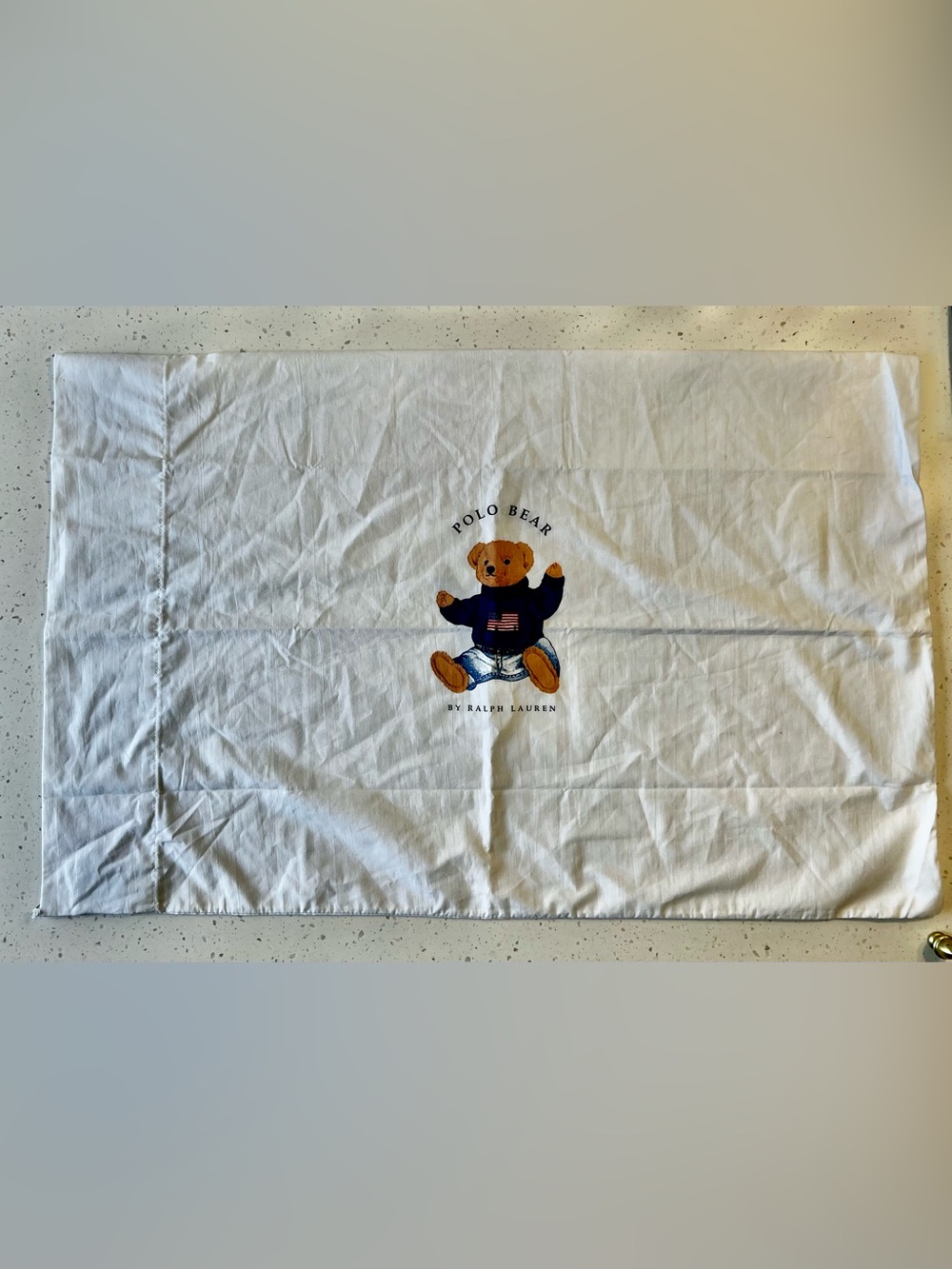 Ralph Lauren Polo Bear Pillowcase in White with Navy & Tan Accents